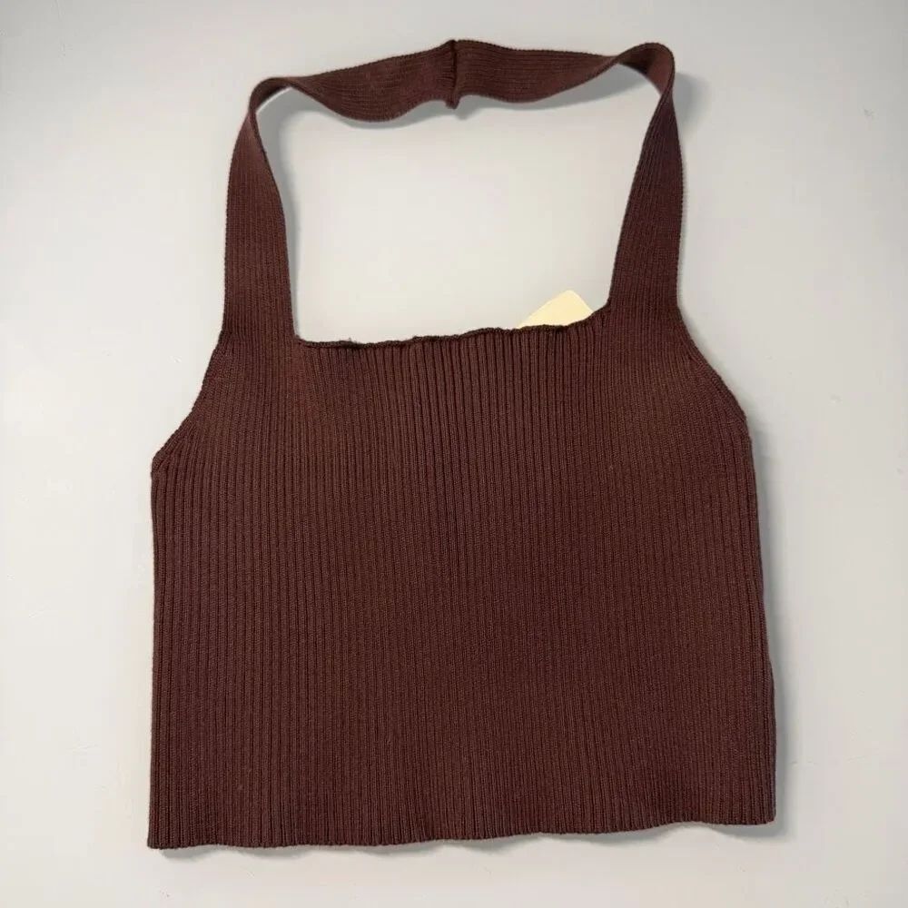 Peppermayo Chocolate Brown Desert Dream Ribbed Knit Halter Crop Top Size 2 NWT